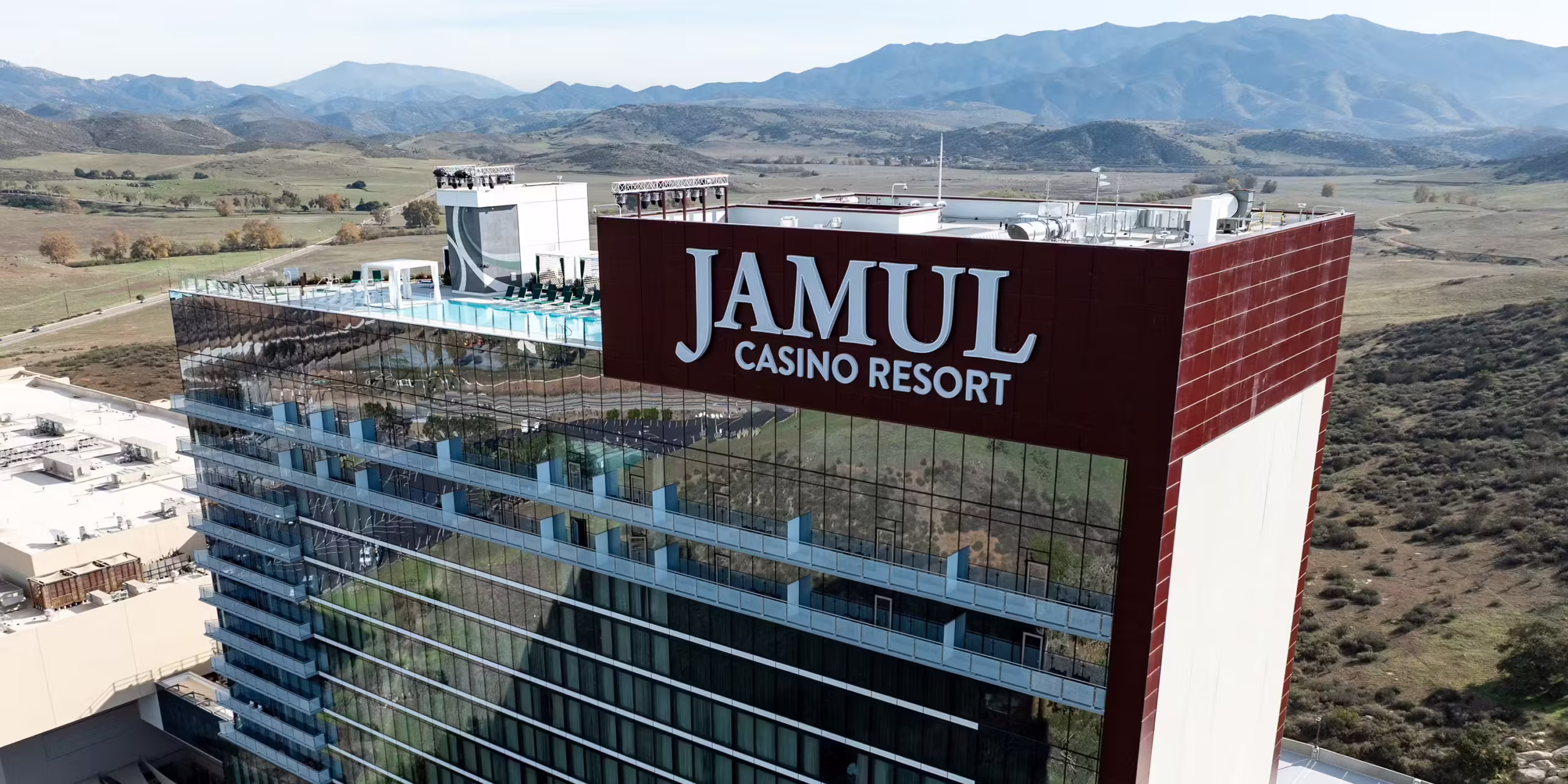 Exterior view of the Jamul Casino Resort tower and rooftop pool.